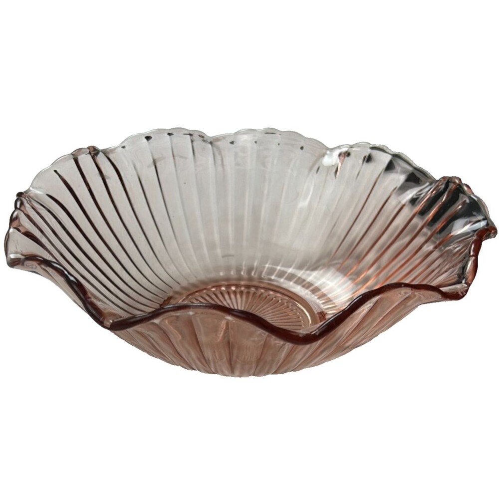 Vintage Pink Depression Glass Bowl Ribbed Scalloped Edge 10.5"